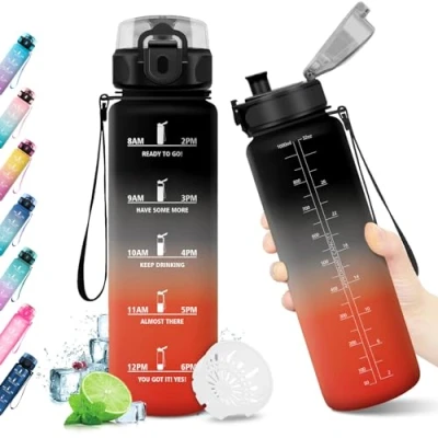 Abbildung von KollyKolla Trinkflasche Sport 1L, Kohlensäure Geeignet, Wasserflasche Auslaufsicher, Fahrrad mit Zeitmarkierung, für Kinder, Erwachsener, Büro, Sport, Fitness