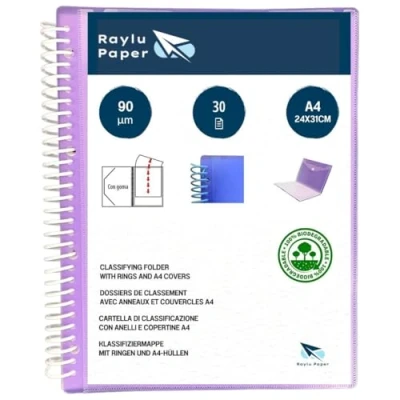 Abbildung von RAYLU PAPER Sortiermappe mit Ringen A4 Klarsichthüllen 90 Mikron und Umschlag Klettverschluss, personalisierbarer Deckel, 100% biologisch abbaubar (30 Hüllen, Violett)