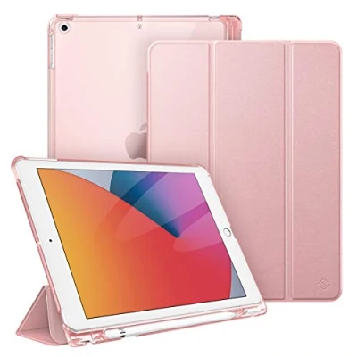Abbildung von Fintie Hülle für iPad 9. Generation 2021/8. Gen 2020/7. 2019 10.2 Zoll mit Stifthalter, ultradünne leichte Schutzhülle transparenter Rückseite und Auto Schlaf/Wach Funktion, Roségold