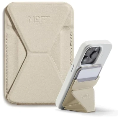 Abbildung von MOFT MagSafe Wallet Ständer für iPhone 16/15/14/13/12 Serie Kompatibel mit MagSafe, MOVAS Vegan Leder Magnetischer Handyständer 3 Betrachtungswinkeln, 2 Kartenhalter (Beach White)