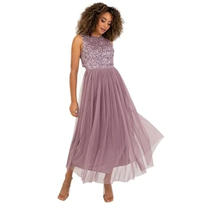 Abbildung von Maya Deluxe Vrouwen Midaxi Jurk Dames Mouwloze Pailletten Hoge Empire Taille Tule Versierd voor Bruiloft Gast Bal Bruidsmeisje, Bessen, 38