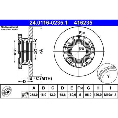 Abbildung von ATE 24.0116 0235.1 Bremsscheibe 288,0 16,0 5 160,0 voll beschichtet mit ABS Sensorring FORD: Transit Custom V362 Van, Tourneo Minibus