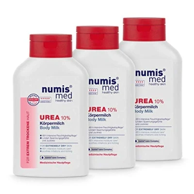 Abbildung von numis med Körpermilch mit 10% Urea Hautberuhigende Bodylotion für extrem trockene, zu Juckreiz neigende Haut vegane Hautpflege ohne Silikone, Parabene &amp; Mineralöl Lotion 3er Pack (3x 300 ml)
