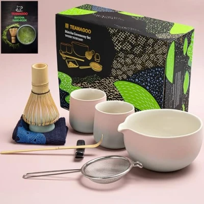 Abbildung von TEANAGOO Matcha Set Schneebesen Schale mit Ausgießer Schaufel Halter Teezubereitungsset. 1 Japanische Tee (7pcs) + 2Cups(7.2oz),S11,Gradient Pink,Farbe Box