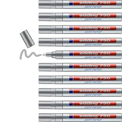 Abbildung von edding 750 Lackmarker silber 10 Stifte Rundspitze 2 4 mm Lackstift zur Markierung und Beschriftung von Metall, Glas, Stein oder Kunststoff hitzebeständig, permanent, wisch wasserfest