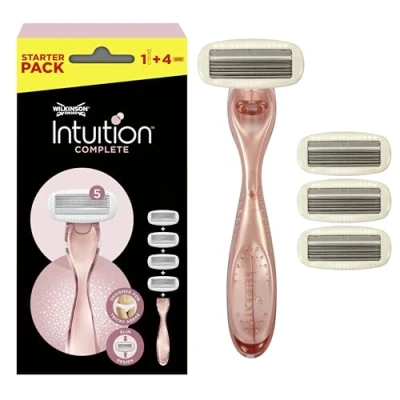 Abbildung von Wilkinson Sword Intuition Complete Rasierer Packung mit 1 + 4 Ladeköpfen Vorteilsformat 5 Klingen für Damen Geeignet empfindliche Bereiche