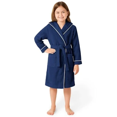 Abbildung von LAYNENBURG Premium Bademantel Kinder &amp; Teenager mit Kapuze 100% Baumwolle OEKO TEX Standard 100 flauschiges Frottee Größe (122/128, Blau)