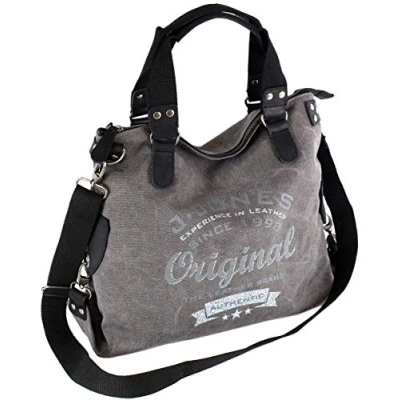 Abbildung von JENNIFER JONES Große Damen Handtasche aus Canvas und Echtleder Vintage Look Casual Schultertasche Umhängetasche