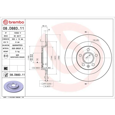 Abbildung von BREMBO 08.D883.11 Bremsscheibe 302 12 5 voll beschichtet hochgekohlt VOLVO: XC40