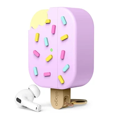 Abbildung von elago Eiscreme Hülle, kompatibel mit AirPods Pro 2, 2. Generation, Karabinerhaken enthalten, unterstützt kabelloses Laden, vollständiger Schutz (Blaubeere)
