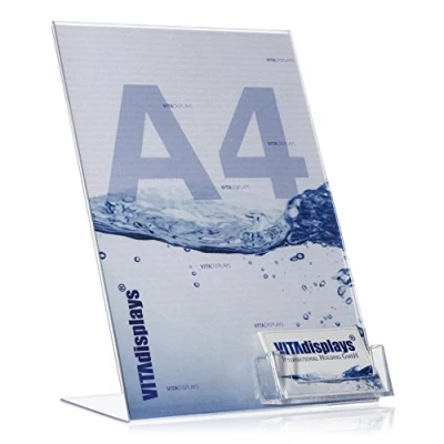 Abbildung von DIN A4 Werbeaufsteller/L Ständer/L Aufsteller mit extra Visitenkartenhalter als Tischaufsteller aus original PLEXIGLAS