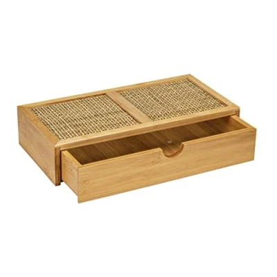 Abbildung von WENKO Badbox Allegre, dekorative Box mit Schublade im trendigen Boho Style aus hochwertigem Bambus und Rattan Geflecht, zur Aufbewahrung von Badutensilien oder Accessoires, 28 x 6 14 cm, Natur