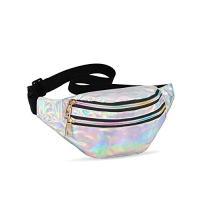 Abbildung von LIVACASA Gürteltasche Damen Metallic Wasserabweisend Bauchtasche 2 Fächer Schultertaschen Mädchen Umhängetaschen Handytasche Tasche Reise Wandern Silbern