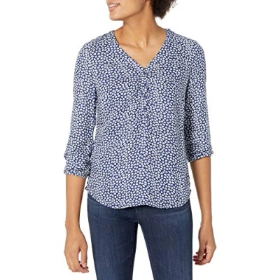 Abbildung von Amazon Essentials Damen Popover Hemd mit 3/4 Ärmeln und Knöpfen, Dunkelblau Weiß Blüte, S