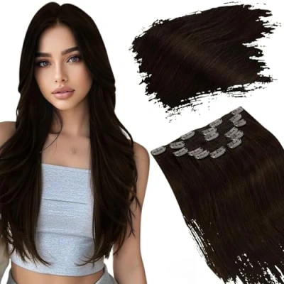 Abbildung von Ugeat Clip Extensions Echthaar Braun Remy in Dunkelbraun Haarverlängerung Glatt Doppelt Tressen 7 Stück 105g 35cm