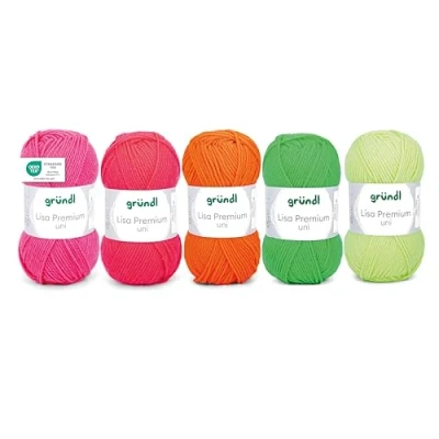 Abbildung von Gründl Wolle Lisa Premium uni, Garn zum Stricken und Häkeln aus 100% Polaycryl, 50 g / 133 m, 5 x Knäuel, Strickset, Neon Pink Orange Gelb Grün