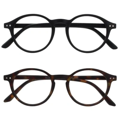 Abbildung von OPULIZE REY Lesebrille 2er Pack Runder Retro Rahmen Mattschwarz, Braunes Schildpatt Herren Damen Federscharniere RR56 12 +2.00