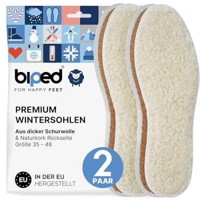 Abbildung von biped 2 Paar Einlegesohlen aus echter Schafswolle und Naturkork Robuste Winter Isolierende Innensohlen für Stiefel Winterschuhe z2736(39)