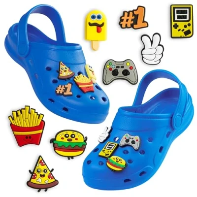 Abbildung von CityComfort Clogs Kinder, Gartenschuhe Badeschuhe Jungen mit abnehmbaren Anhängern (Blau, 28/29 EU)
