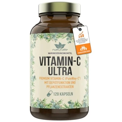 Abbildung von naturalie® Vitamin C Ultra Kapseln hochdosiert 500mg pro Kapsel 3 fach Komplex mit erhöhter Bioverfügbarkeit und gepuffertem + Pflanzenextrakte 90 ohne unnötige Zusatzstoffe