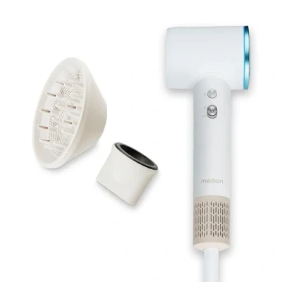 Abbildung von MEDION Haartrockner mit Diffusor HD1 (Ionen Technologie, 1.600 Watt, Stylingdüse, magnetische Aufsätze, langlebiger BLDC Motor, LED Ringlicht, langes Netzkabel) schwarz