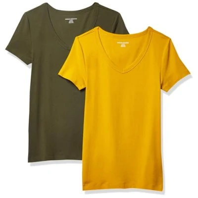 Abbildung von Amazon Essentials Damen Kurzärmeliges T Shirt mit V Ausschnitt, Schmale Passform, 2er Pack, Gold/Olivgrün, S