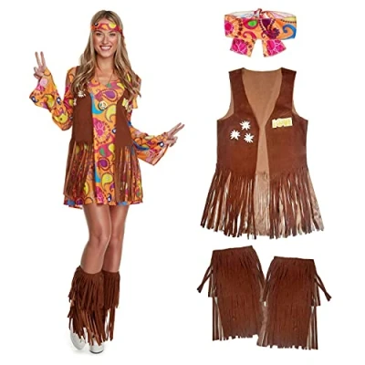 Abbildung von Morph Hippie Damen Kleid, Kostüm Hippie, Zeitreise Damen, Schlagermove Outfit 70er Mottoparty, Schlager XL