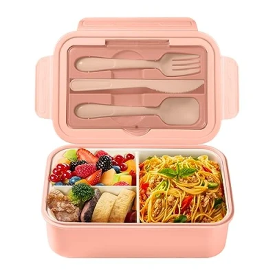 Abbildung von Diboniur Lunchbox Brotdose mit Fächern Besteck Kinder Erwachsene 1400ML Bento Box Arbeit Mikrowellengeeignet (Rosa)