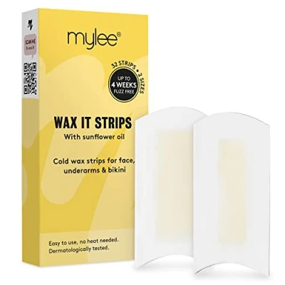 Abbildung von Mylee Wax It Kaltwachsstreifen zur einfachen und natürlichen Haarentfernung, 32 Kaltwachsstreifen, für Gesicht, Körper, Beine, Achseln Bikinizone, Haarentfernungsstreifen, alle Hauttypen