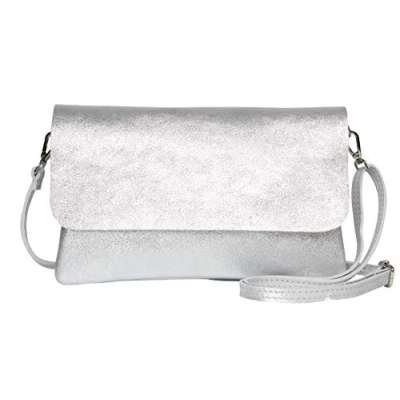 Abbildung von AmbraModa GLX11 Damen Umhängetasche, Clutch, Handytasche aus echtem Leder mit abnehmbarem und verstellbarem Schultergurt, geeignet für Handys Tablets bis zu 7 Zoll (Silber)