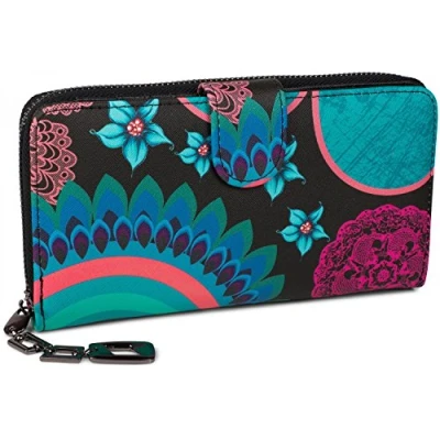Abbildung von styleBREAKER Damen Geldbörse mit Buntem Blumen Blüten Mandala Muster, Ethno Style, Reißverschluss, Portemonnaie 02040040, Farbe:Schwarz Türkis Blau