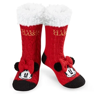 Abbildung von Disney Antirutschsocken Damen mit 3D Ohren, One Size ABS Kuschelsocken Antirutsch Haussocken Winter Frauen Geschenke (Rot Klassich Minnie)