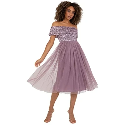 Abbildung von Maya Deluxe Damen Ladies Bardot Dresses Women Midi High Empire Waist Sequins Embellished Formal Evening for Wedding Guest Brautjungfernkleid, Moody Lilac, 16