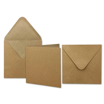 Abbildung von 50x Kraftpapier Karten Set quadratisch 13,5 x cm mit Brief Umschlägen Recycling Vintage für Einladungen