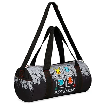 Abbildung von Pokemon Sporttasche Kinder Kleine Reisetasche Großes Hauptfach, Trageriemen, Griffen für Mädchen und Jungen (Schwarz/Grau)