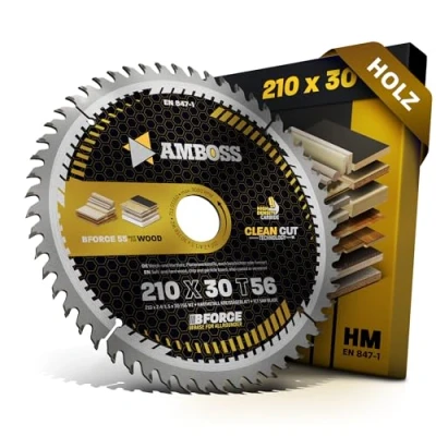 Abbildung von HM Kreissägeblatt 210x30 Z56 Wechselzahn für Holz Super Feinschnitt. AMBOSS WERKZEUGE® Sägeblatt 210mm komp. zu Powerplus POWX0550 Scheppach PL75 HS80. Festool. Einhell uvm.