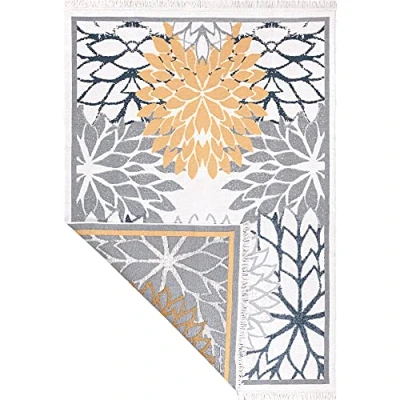 Abbildung von Fashion4Home Teppich Kurzflor Boho Kelim Teppich, Wohnzimmerteppich, Schlafzimmer und Küchenteppich, Läufer, Flur Kinderzimmerteppich Orient Blau Gold, Grüße: 80x150 cm