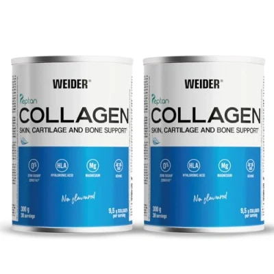 Abbildung von Weider Collagen Pulver Duo Pack, Kollagen Peptide hochdosiert, mit Hyaluronsäure, Magnesium und Vitamin C, zuckerfrei, für gesunde Haut, Knorpel Knochen, 2x 300g (2x 30 Portionen!)