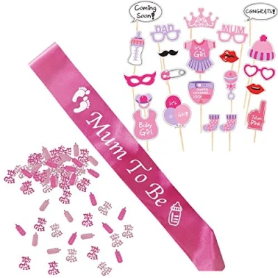 Abbildung von Babyparty Deko Mädchen, Baby Shower Madchen, Party Dekoration fur Babydusche Rosa, Neugeborene Fotorequisiten Masken, Mum To Be Fuchsie Schärpe und Konfetti