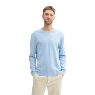 Abbildung von TOM TAILOR Herren Basic Pullover mit V Ausschnitt aus Baumwolle, 36302 Bright Wave Blue Melange, XXL