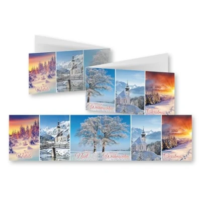 Abbildung von Edition Colibri 10 nostalgische Weihnachtskarten im Set mit Umschlag: DIN Lang (42 x 10,5 cm) Landschaften, klassisch, Kirche, Schnee, mehrsprachig (11161)