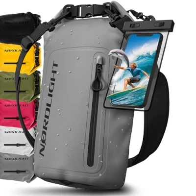 Abbildung von Nordlight Dry Bag wasserdichte Tasche mit Handyhülle + Roll Top, Schultergurt Drybag wasserfester Rucksack Beutel Packsack Seesack Wassersack Wetbag Baden Schwimmen Strand SUP Grau, 30 Liter