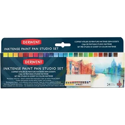 Abbildung von Derwent Inktense 24 Farbtöpfchen, halbe Töpfchengröße, wasserlöslich, ideal zum Malen und Basteln auf Papier Stoff, professionelle Qualität, Reisegröße (2305545), 1 Stück (1er Pack)