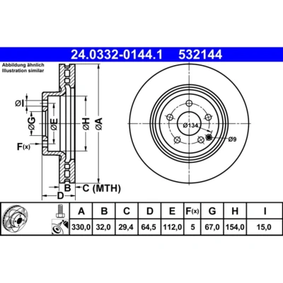 Abbildung von ATE PowerDisc 24.0332 0144.1 Bremsscheibe 330,0 32,0 5 112,0 Belüftet beschichtet legiert/hochgekohlt mit Schrauben MERCEDES BENZ: GLK, E Class Saloon
