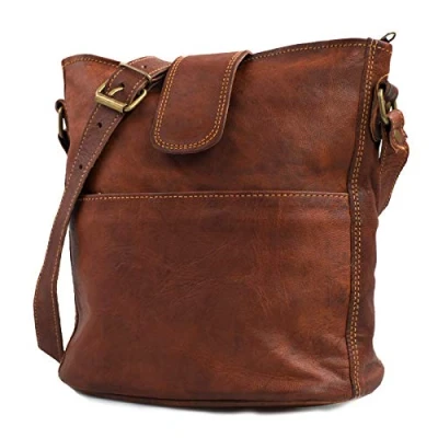 Abbildung von LEABAGS Nicola Damen Handtasche aus echtem Leder im Vintage Look I Umhängetasche Ledertasche Schultertasche 23x6x24cm Braun