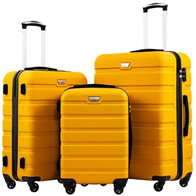 Abbildung von COOLIFE Hartschalen Koffer Trolley Rollkoffer Reisekoffer ardschale Boardcase Handgepäck mit TSA Schloss und 4 Rollen (Zitronengelb, Set)