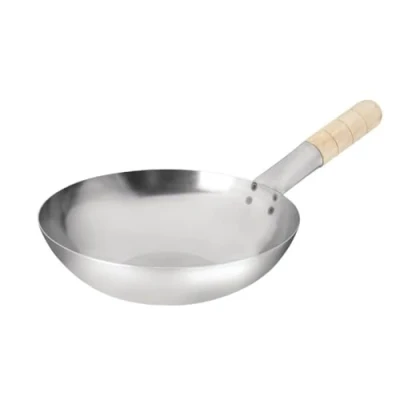 Abbildung von Vogue Wok Bratpfanne mit flachem Boden aus Stahl, 240 mm, hitzebeständiger Holzgriff, rustikales Design, für den Einsatz in Restaurants und der privaten Küche, K295