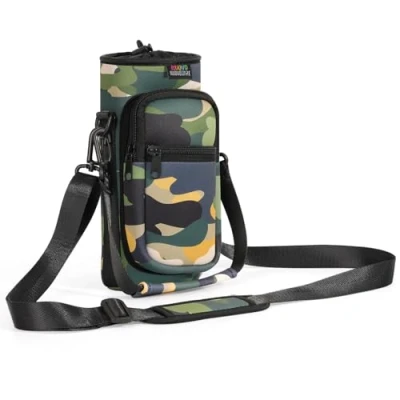 Abbildung von Nuovoware Flaschenhalter Trinkflasche Molle Beutel 750ml, Isolierte Neopren Kessel mit Schultergurt und Front Reißverschluss Tasche für Wandern Laufen Radfahren Jagd Reisen, Tarnung Grün