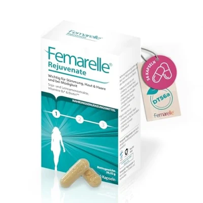Abbildung von Femarelle Rejuvenate 56 Kapseln Zu Beginn der Wechseljahre mit DT56a, Vitamin B2, Biotin und Leinsamenextrakt Hilfe bei Stimmungsschwankungen, Müdigkeit, Erschöpfung Erhalt von Haut Haar
