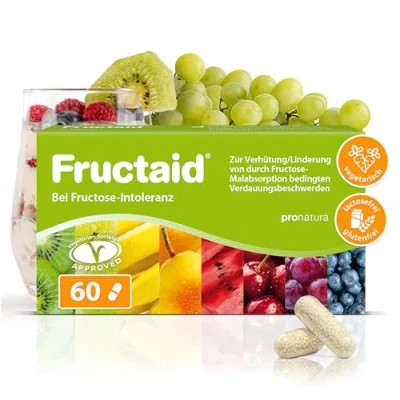Abbildung von pro natura Fructaid 60 Kapseln bei Fructose Intoleranz, Medizinprodukt zur Prävention und Linderung von durch Malabsorption bedingten Verdauungsbeschwerden